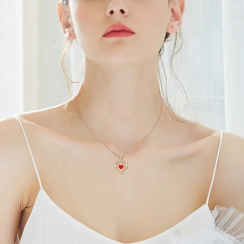 

925 Sterling Silver 18k Gold Plated Double Heart Women's Love Zircon Birthstone Pendant Fashion Necklace