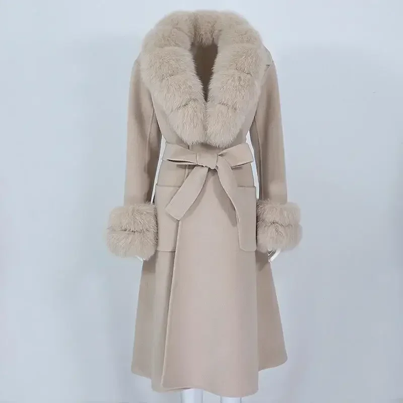 Autumn Winter Fashion Long Removable Oversized Fox Fur Collar Doublesided Cashmere Coat Women Double-sided Wool Coat Woolen Coat