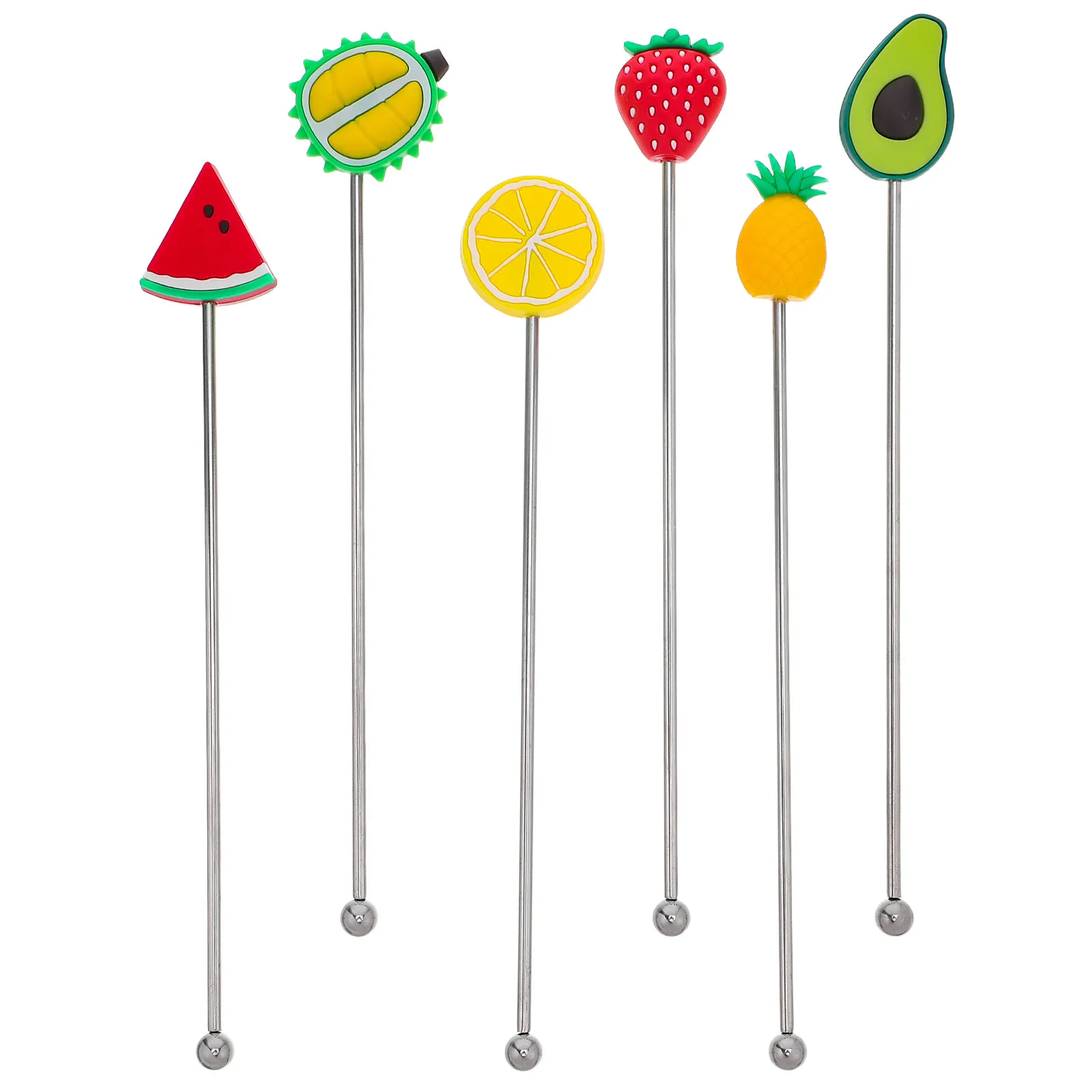 6Pcs Reusable Stainless Steel Fruit Design Coffee Stirrer Metal Swizzle Sticks Cocktail Bar Drink Mixing Rods Coffee Bar