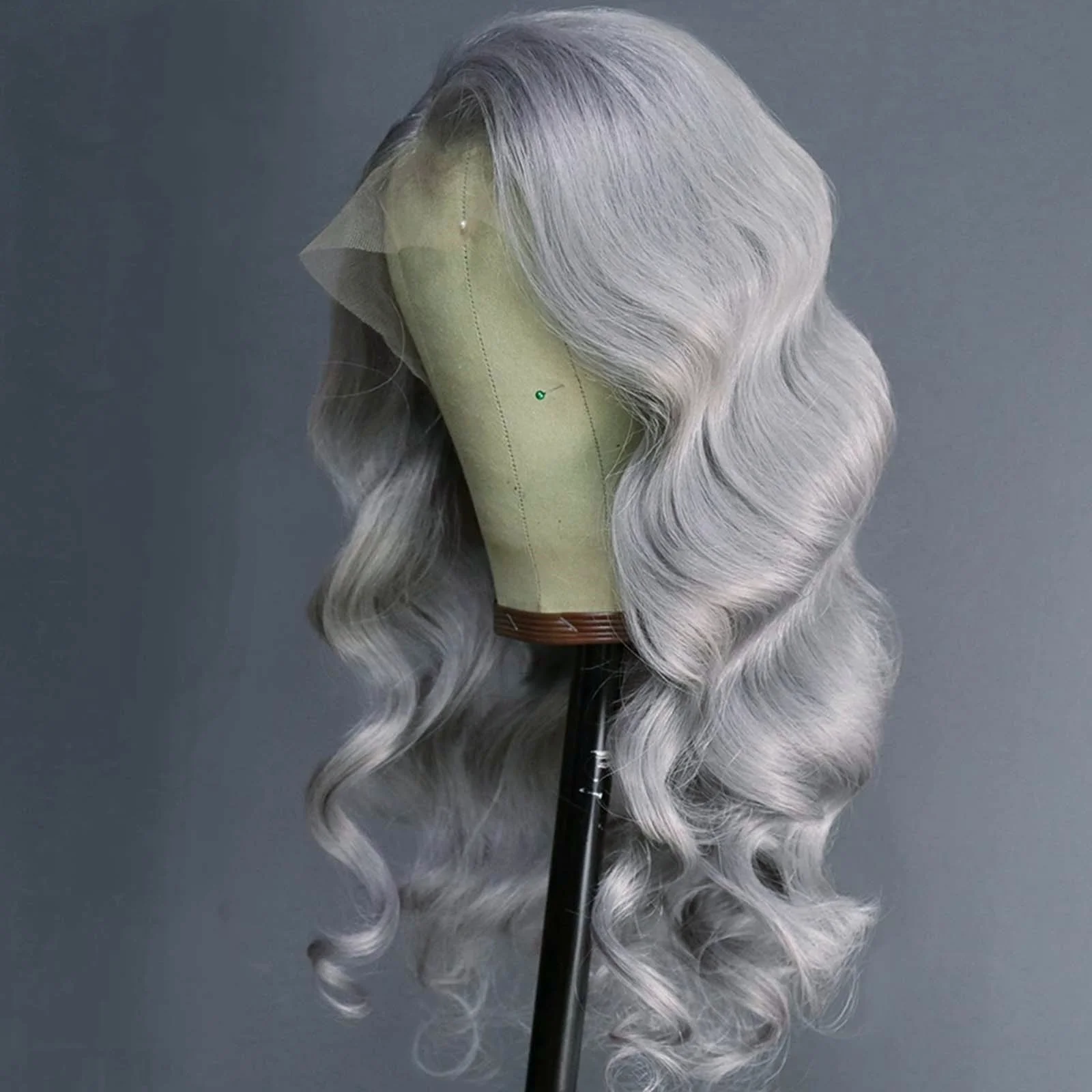 Perruque Lace Front Wig Synthétique Ondulée, Cheveux Longs Gris Argenté, Sans Colle, pour Femme