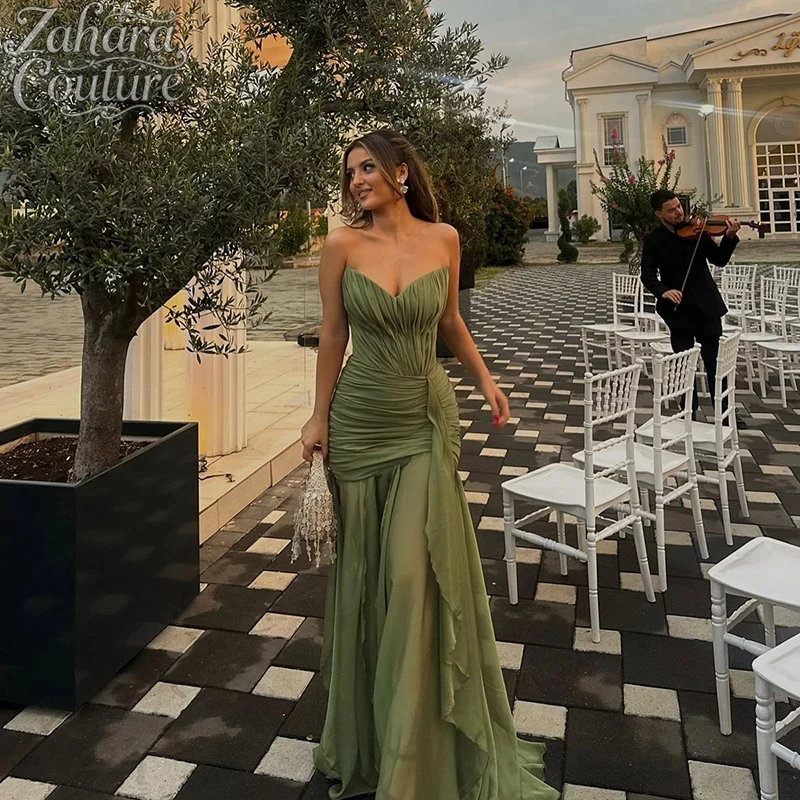Zahara Customized Olive Green Pleated Evening Dress V-Neck Lace-up vestidos de noiva Floor-length Sheath Prom Dress 2026