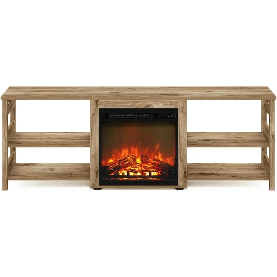 TV stand for living room, engineered wood, white, built-in electric fireplace with adjustable heat and flame effect