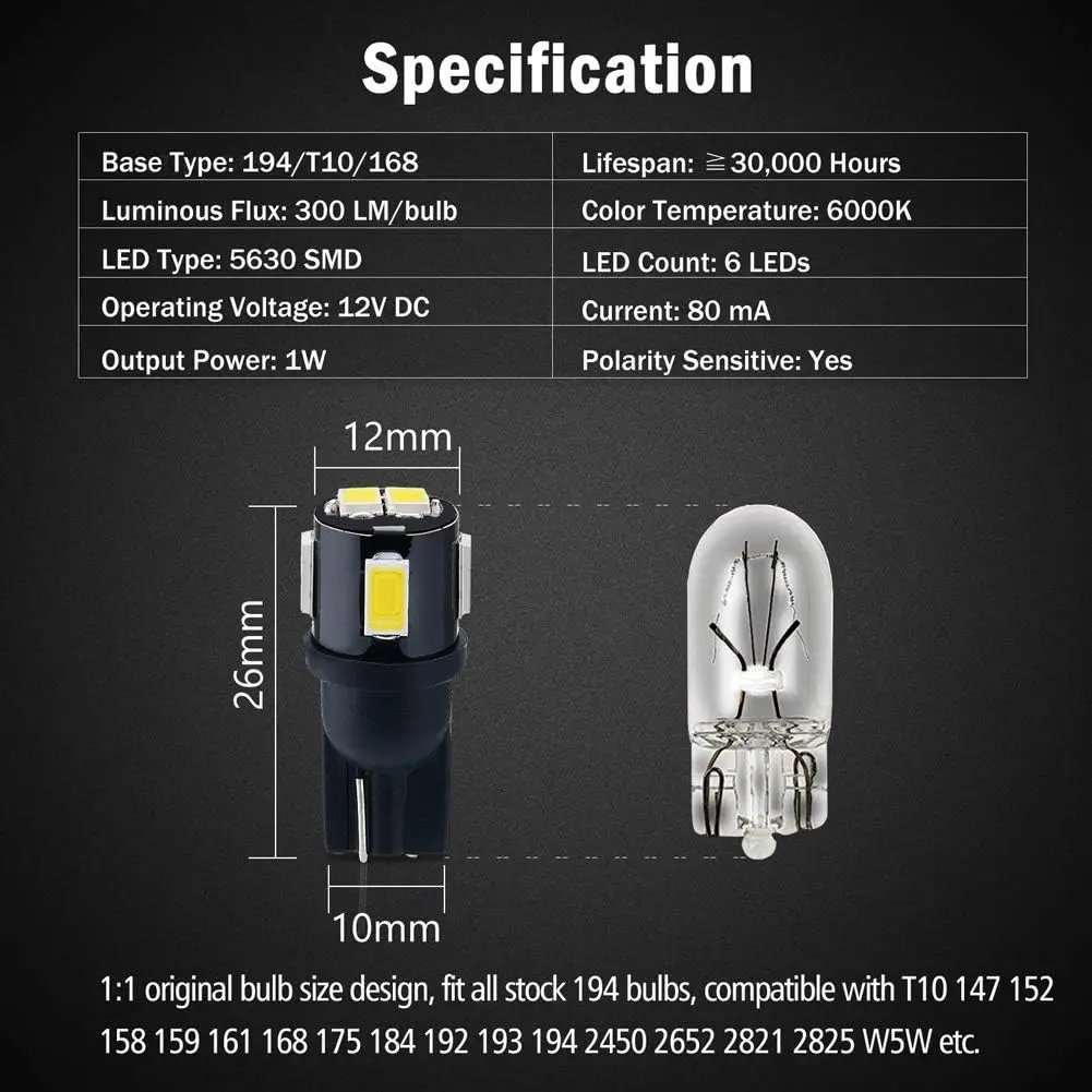 194 LED Bulbs 6000K Xenon White 5630 Chip T10 168 2825 W5W Car Interior Lights (Pack of 10)