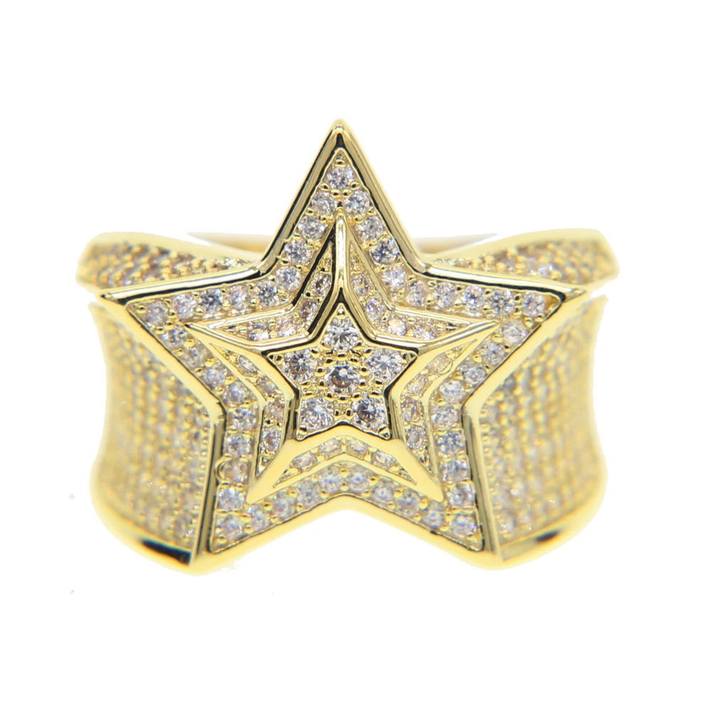 Gold Color Big Star Ring Bing Cz Paved Iced Out Hip Hop Heavy Punk Rings for Women Men Party Jewelry