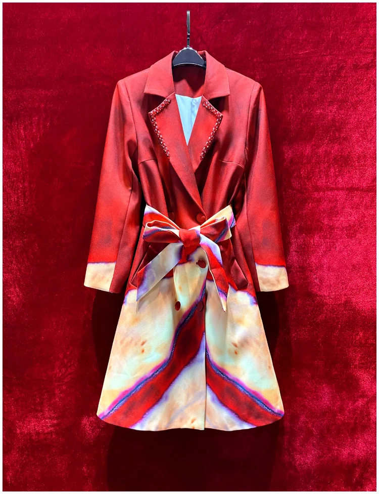 Europe and the United States women's 2024 winter new Long sleeve beaded suit collar red print fashion Belt trench coat XXL