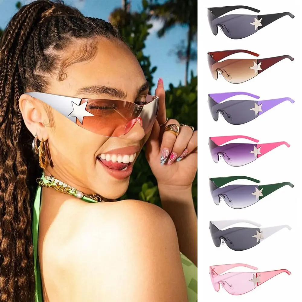 Rimless Y2K Sunglasses for Women Men,Trendy Wrap Around Sunglasses Punk One Piece Goggles Oversized Sports Sun Glasses