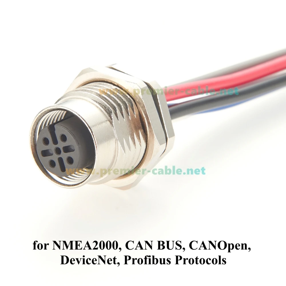 IP67 M12 A Código Conector hembra de 5 pines Cable de receptáculo Montaje en panel frontal con coleta de premontaje para NMEA2000 DeviceNet