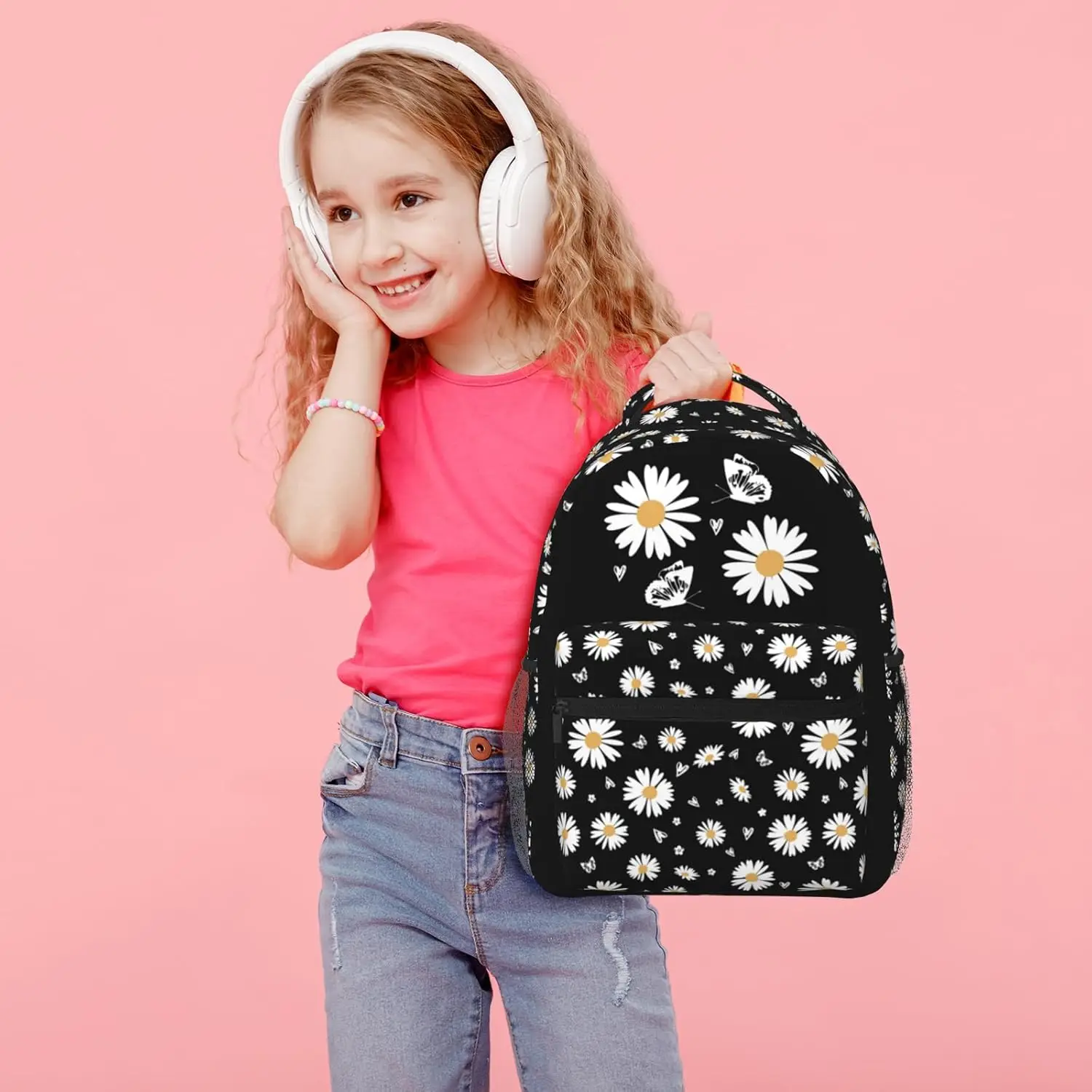 حقيبة ظهر مدرسية مطبوعة على شكل زهرة الأقحوان حقيبة كتب على شكل زهرة الأقحوان حقيبة كتب سوداء للفتيات حقيبة ظهر مطبوعة بالزهور للفتيات الابتدائية