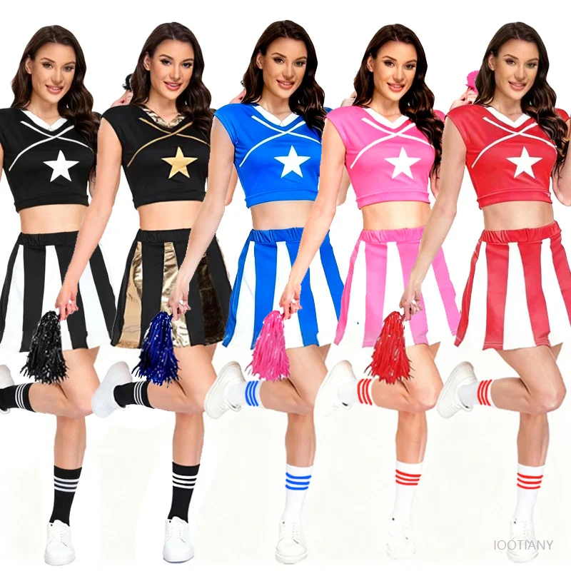 Nuevo traje de animadora Sexy para mujer, traje de baile de animadora para adultos, Top corto sin mangas con minifalda