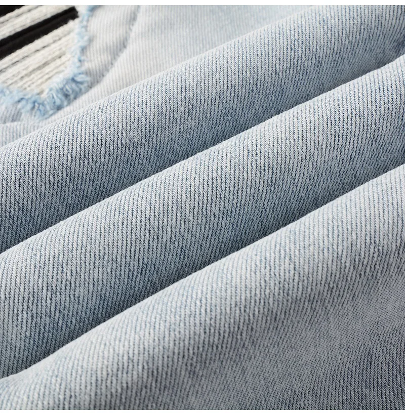 Herren Schwarze Plissierte Patch-Biker-Jeans Streetwear Hellblaue Stretch-Denim-Hose Zerrissene Skinny Tapered Hose – Detail 11