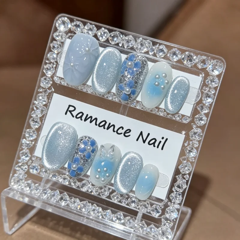 10Pcs Handmade Nails Hand-Painted Floral and Cat-Eye Pearl Designs for Spring and Summer These Press-on Nails Suitable for Girls
