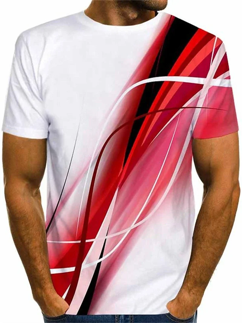 Fashion Men's Abstract Red Black Line Print T Shirt Crew Neck Short Sleeve Casual Streetwear Tee For Daily Use