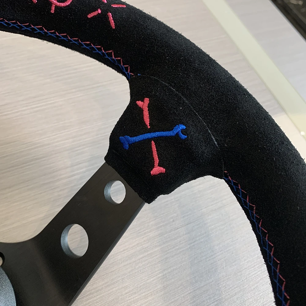 VERTEX Universal Racing Steering Wheel Black Spoke Suede Embroidered Sports Steering Wheel With 6 Holes
