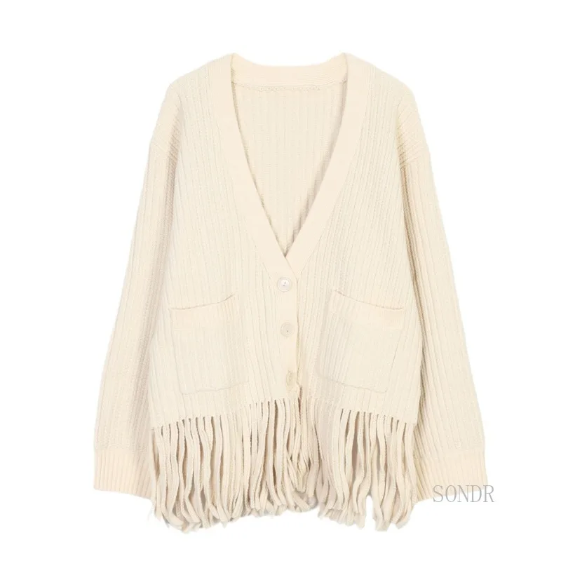 Beige Knitted Cardigan with Tassel Edge 2024 Autumn V-neck Long Cardigan Women Fringed Hem Thick Knitting Cardigan Mujer