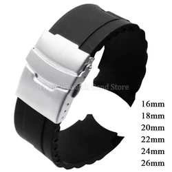 Silicone Watch Strap 16mm 18mm 20mm 22mm 24mm 26mm for Men Women Curved End Rubber Bracelet Waterproof Folding Buckle Watch Band