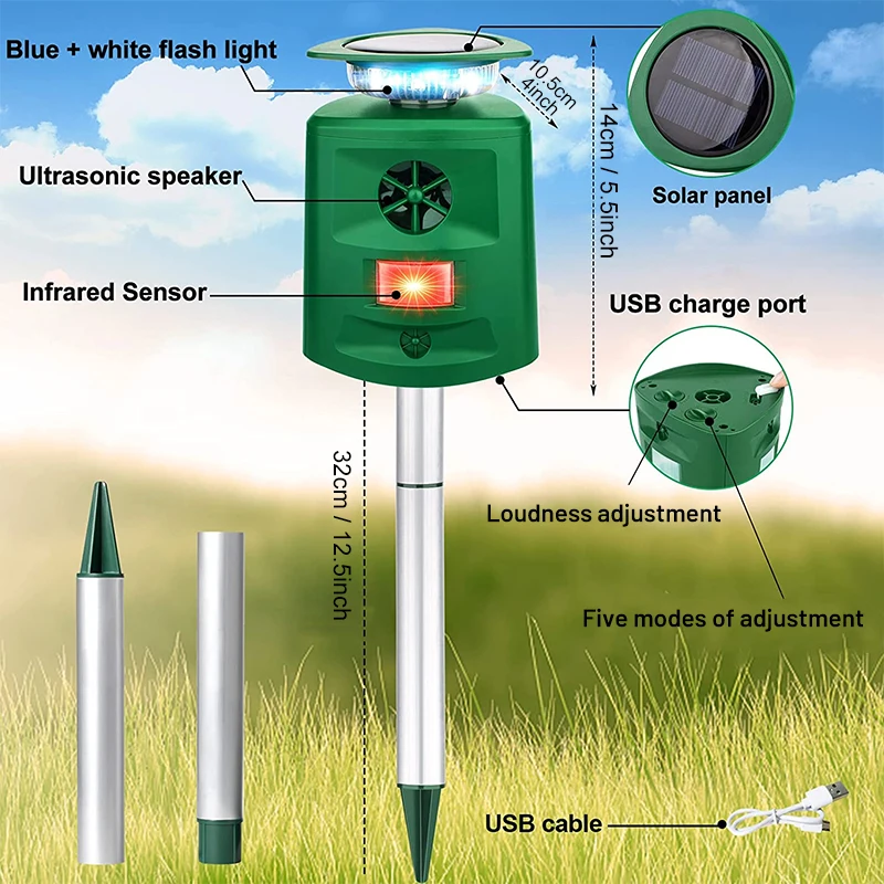 360° Ultrasonic Solar Animal Repellent with LED Flashing Light Animal Scarer Device for Repelente Palomas Bird Cat Mouse Boar