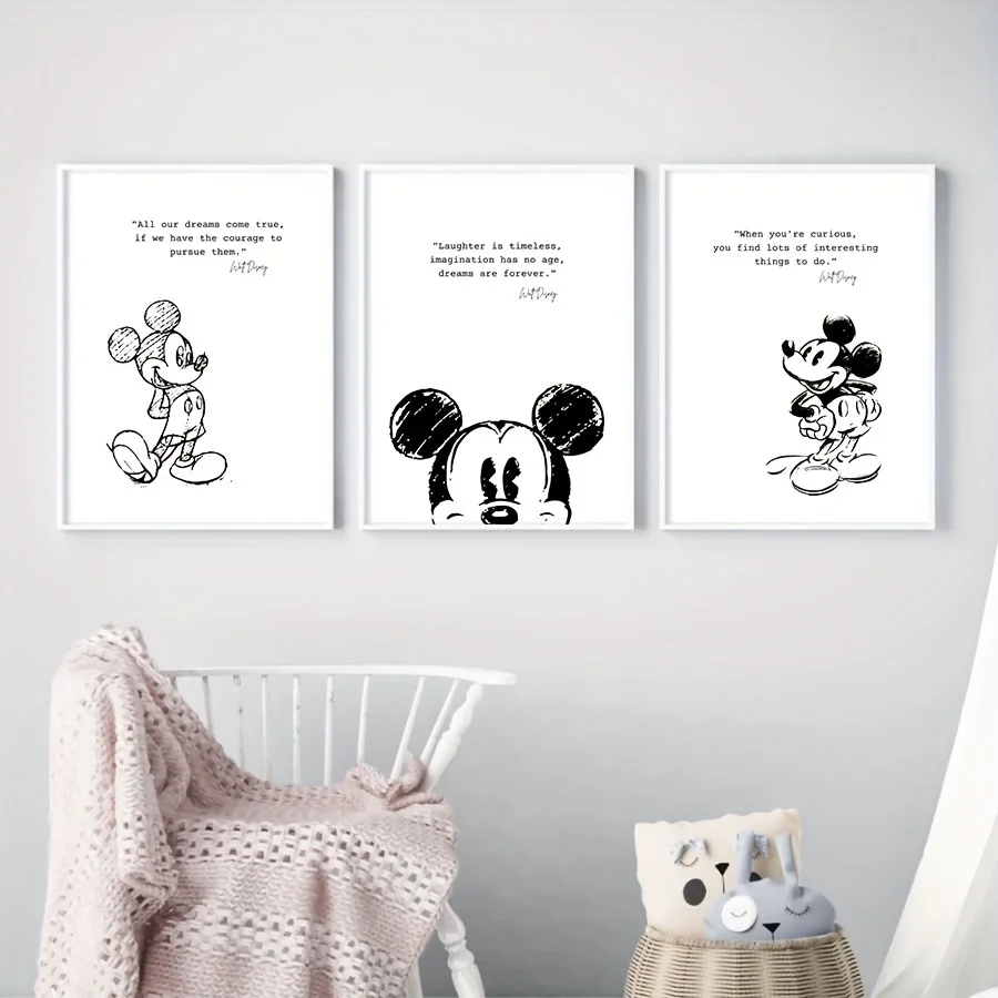 Mickey Mouse Inspirational Quote Art Prints Black and White Minimalist Poster Classic Cartoon Canvas Painting Kids Room Decor