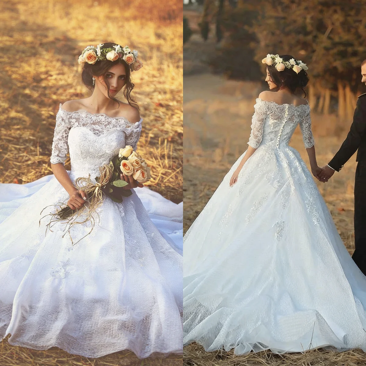 

Elegant Off Shoulder Lace Ball Gown Wedding Dress 2026 3/4 Sleeve Cathedral Train Bridal Gown Plus Size Vestido De Novia Custom