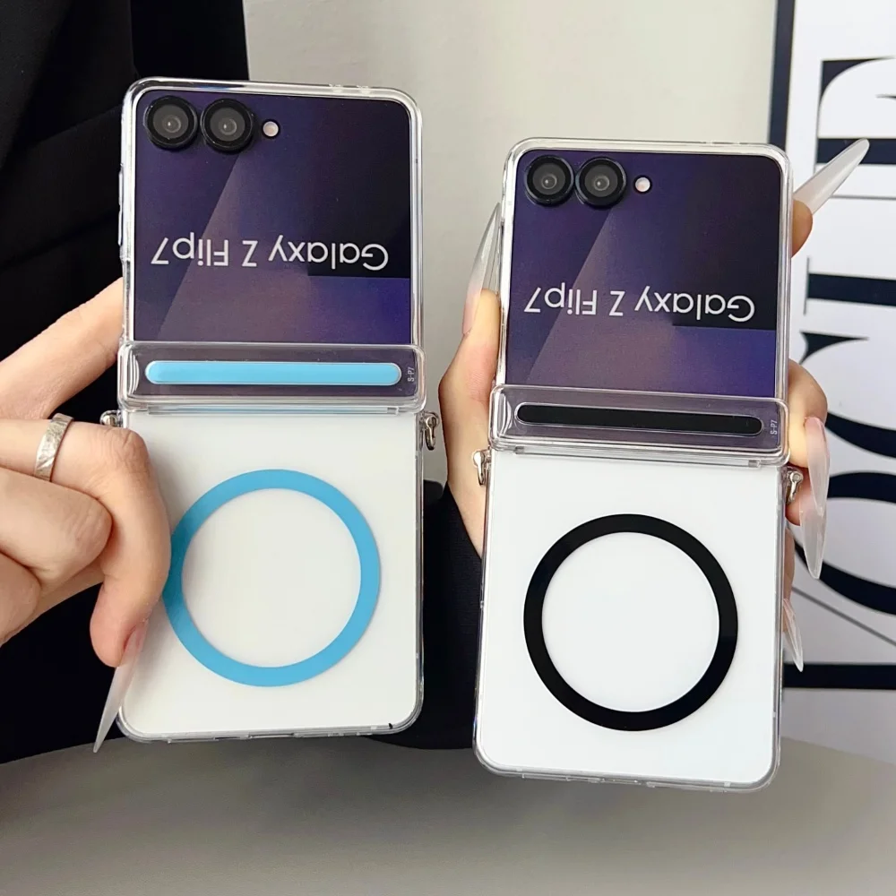 Z Flip 7 Clear Transparent Frosted Magnetic Wireless Charging Hinged Phone Case For Samsung Z Flip 7 5G Shockproof PC Back Cover