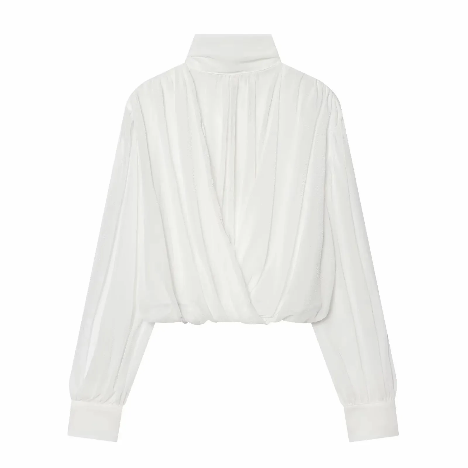 Damen Perspektiv-Hemden und -Tops: Modische, lockere, langärmelige, elegante Frühlingsblusen mit schickem Stehkragen für Frauen – Detail 8