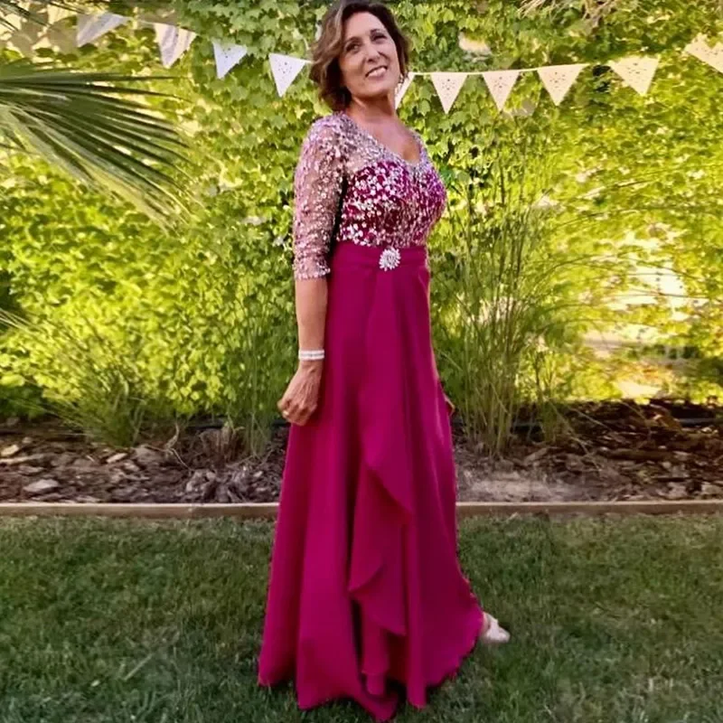 Elegante Top de encaje fucsia para madre de la novia, vestidos de gasa de media manga hasta el suelo, vestidos de invitados de boda 2024