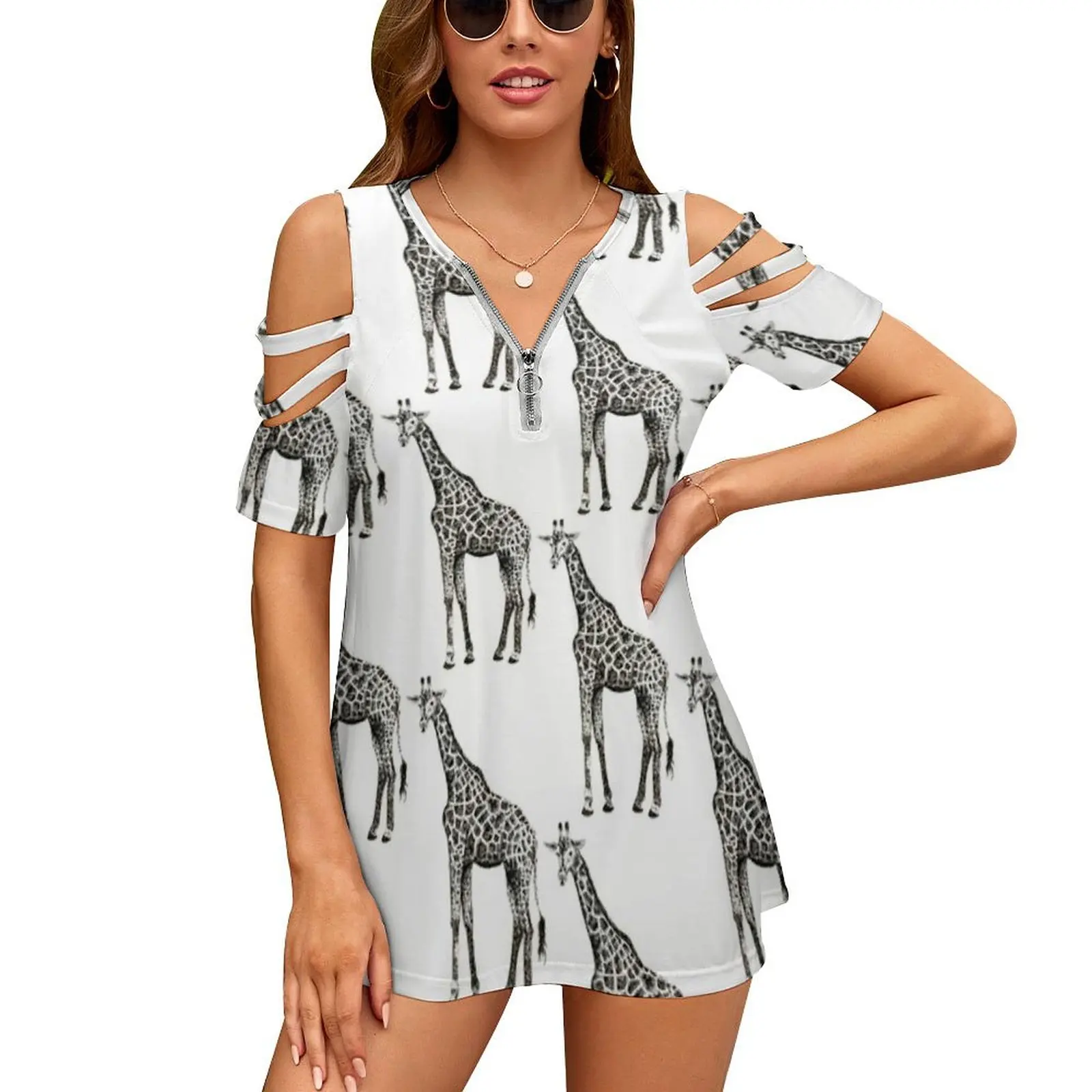 Giraffe New Fashion Zip Off Shoulder Top Short-Sleeve Women Shirt Giraffe Africa Safari Nature Illustration Pen Ink Nature