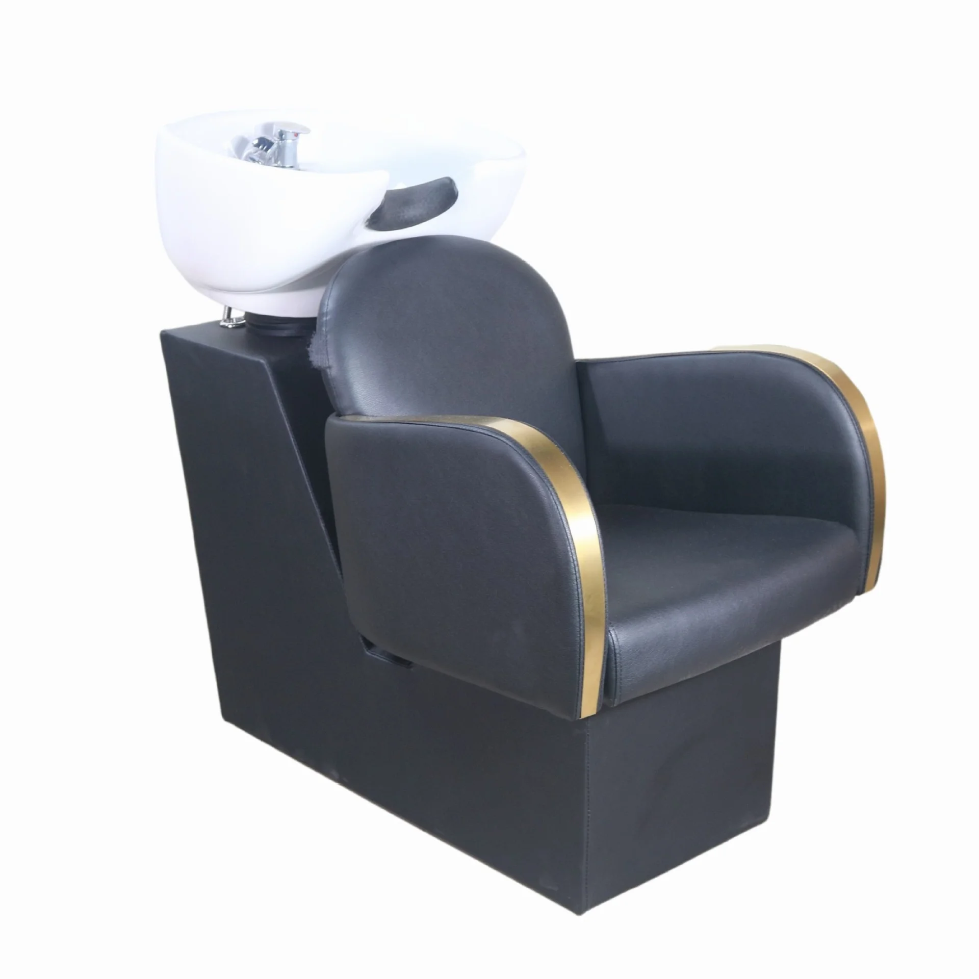 

Metal salon shampoo chair with ceramic deep basin, semi-reclining, rotatable armrests, modern design, suitable for hair salons