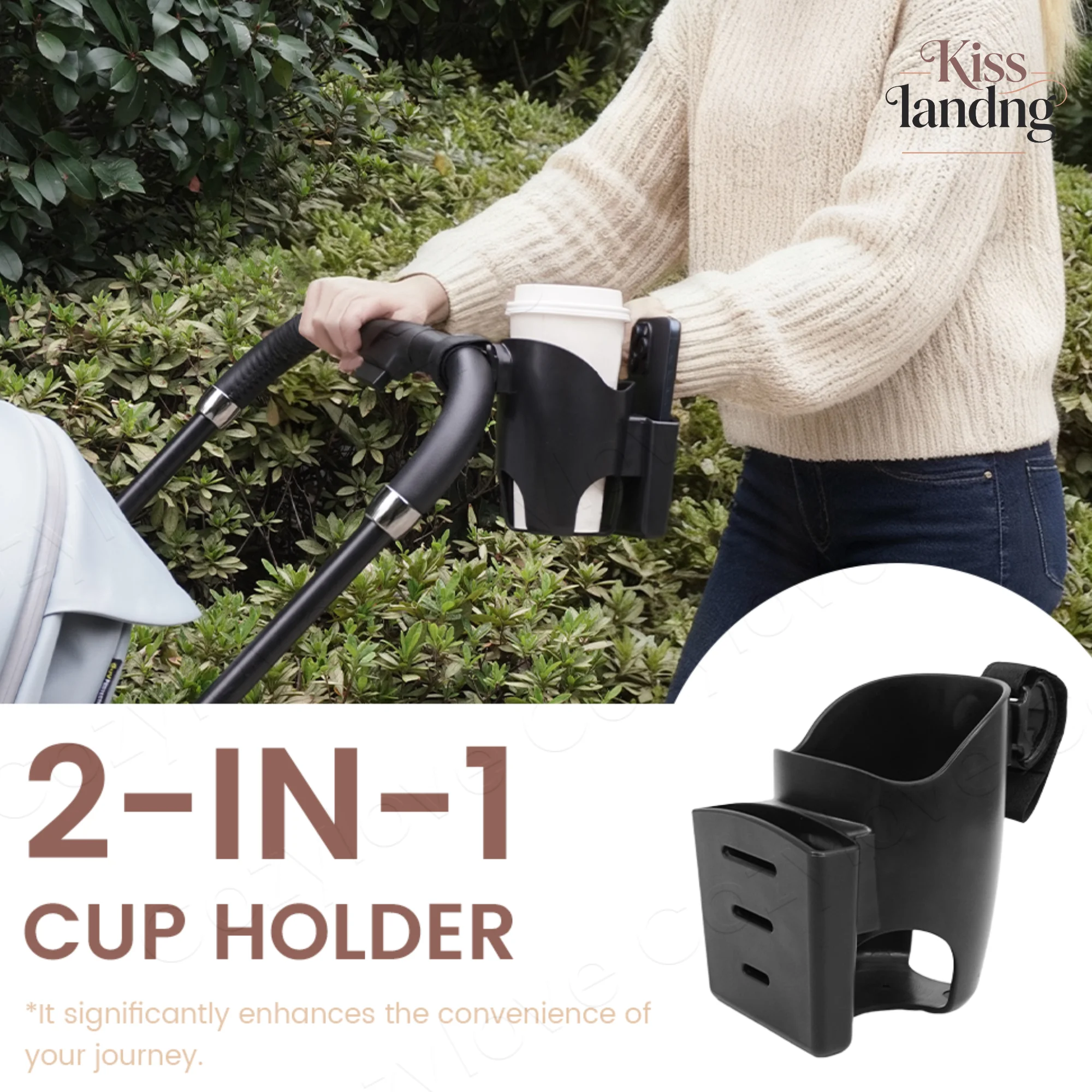 Universal 2-in-1 Stroller Cup Holder with Phone Pocket | Adjustable Drink Holder for Strollers, Bikes & Wheelchairs