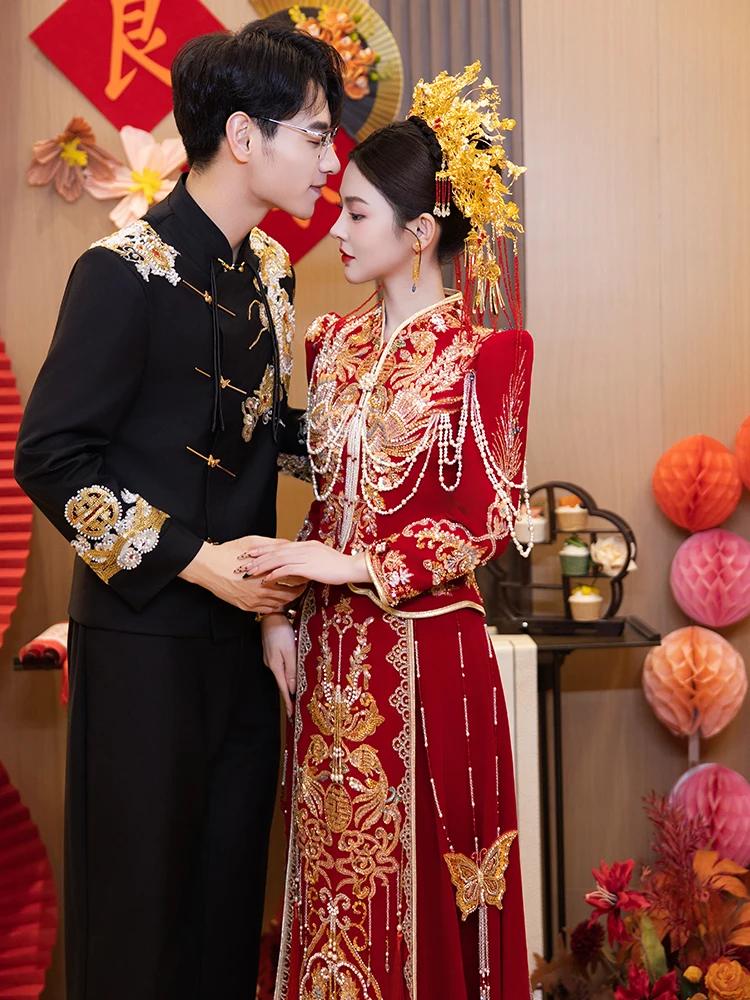 

New 2025 XiuHef Wedding Dr Traditional Chinese Sle Slimming Bridal Gown Ceremony Dr Long Sve Polyester Fabric