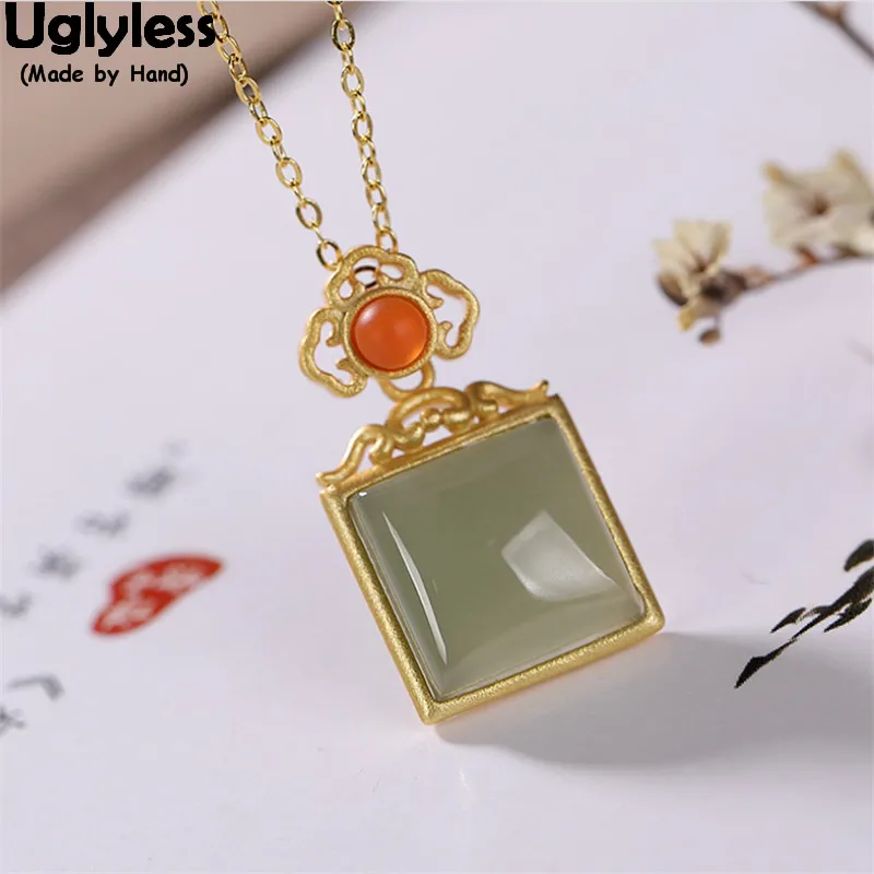 Uglyless Natural Green Jade Square Jewelry Sets for Women Minimalist Geometric Party Dress Necklaces Rings Set Solid 925 Silver