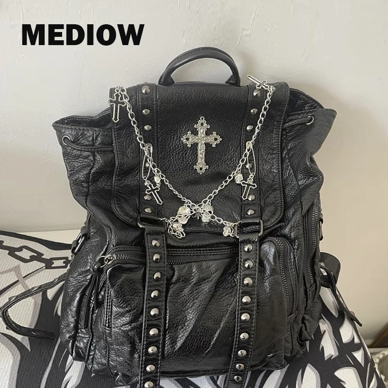 

MEDIOW Rock Backpacks For Women Luxury Designer Handbag Purse 2023 New In PU Leather Vintage Rivet Chain Large Capacity Shoulder