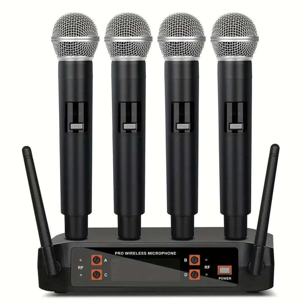 4 Channel Wireless Microphone System Vhf for Sing High Quality Microphone System Pro Audio for Meeting, Wedding, Home KTV Set