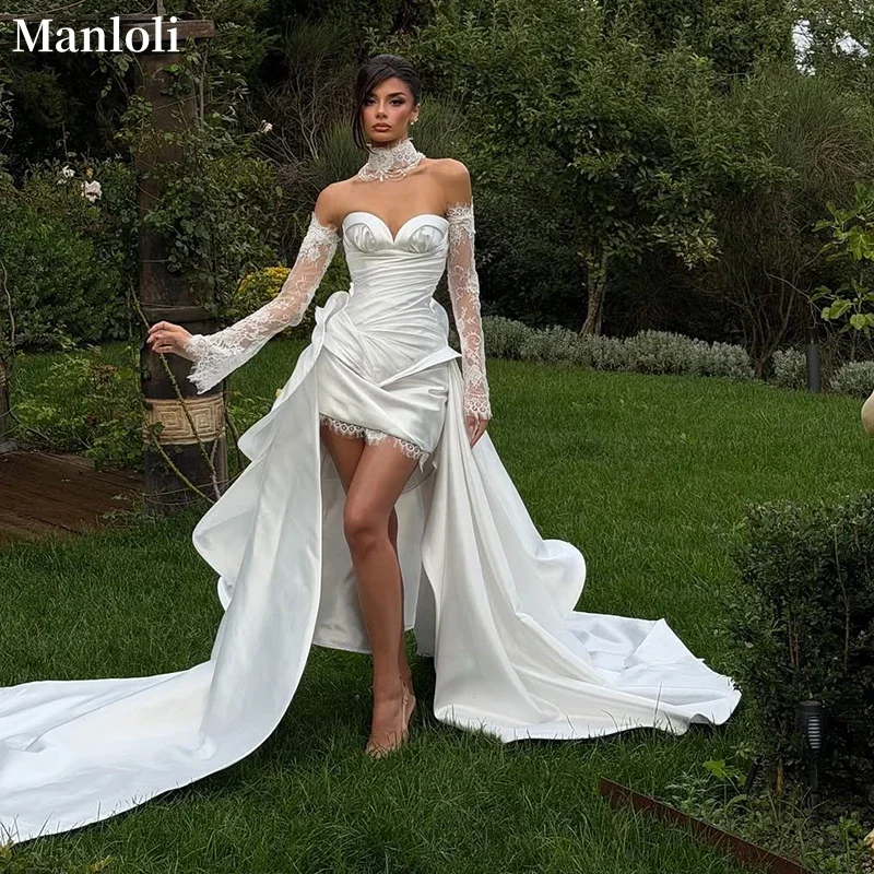 

Sweetheart Satin Mini Wedding Dress Lace Detachable Train Beach Bridal Ball Dress Bohemian Short Wedding Dress Customized