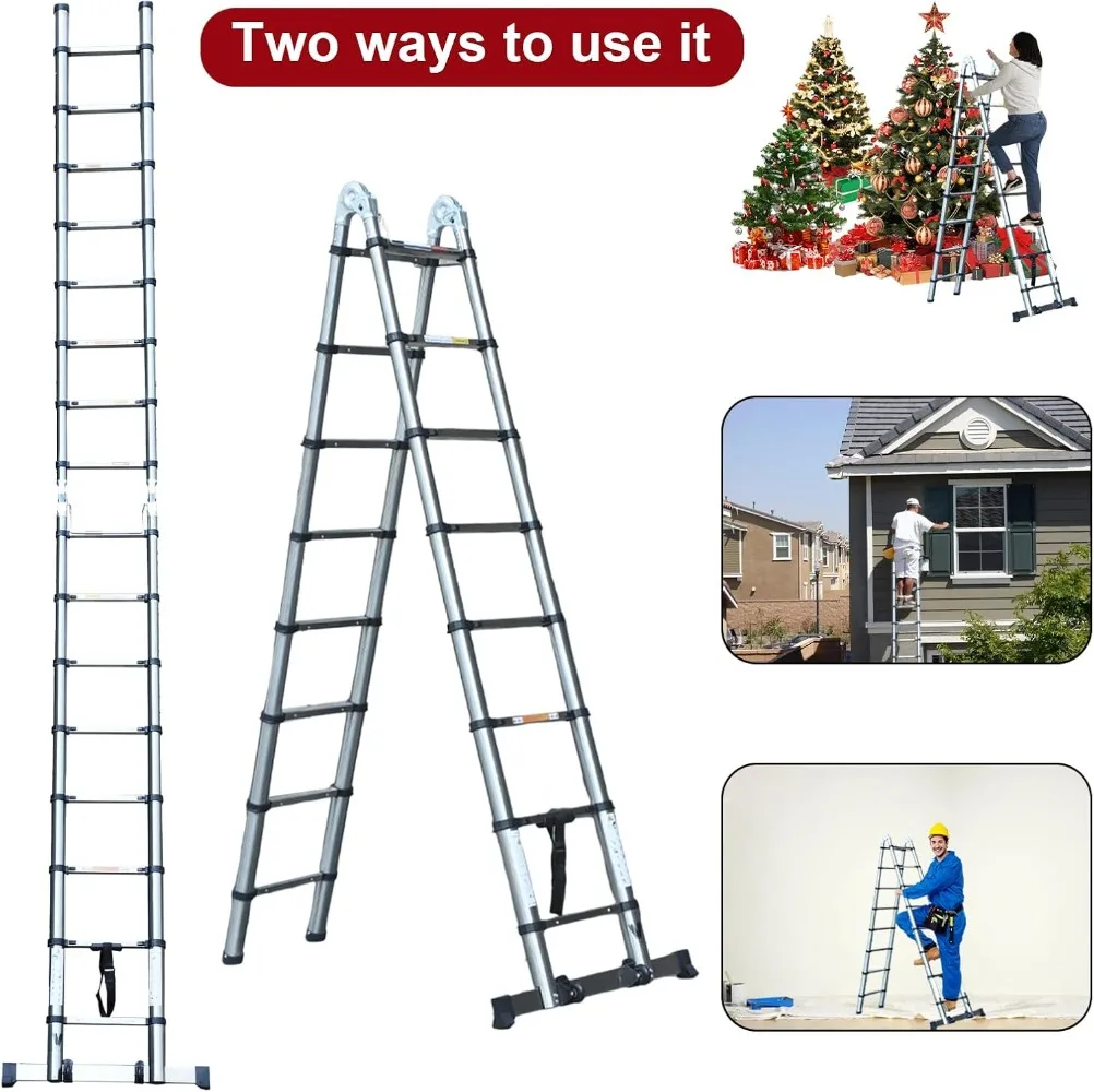 BOWEITI Telescoping Ladder,16.5FT Telescoping A Frame Ladders with Movable Wheel,Household Use Stainless Steel Folding Ladder