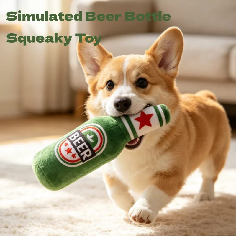 Soft Dog Chew Toy Beer Bottle Squeaky Interactive Puppy Teething Toy Bite Resistant for Small Medium Large Dogs Teeth Cleaning