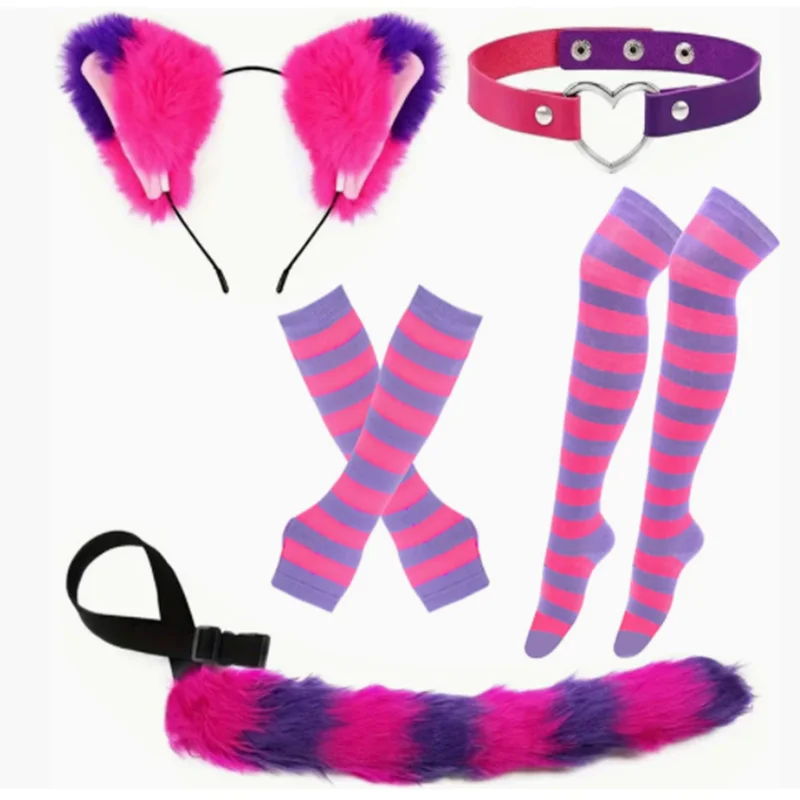

Halloween Cat Costume Set with Fluffy Tail, Collar, Headband, Gloves & Striped Socks - Polyester & Spandex, Animal Theme Party