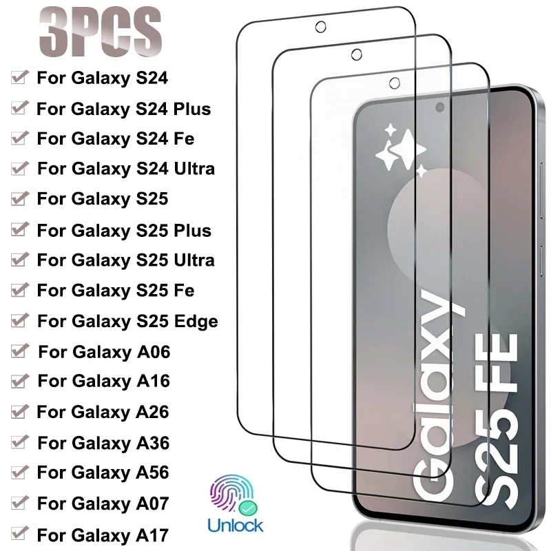 

3PCS Tempered Glass For Samsung Galaxy S24 S25 Plus Ultra S25 Edge Fe Screen Protector For Samsung A17 A07 A16 A26 A36 A56 Glass