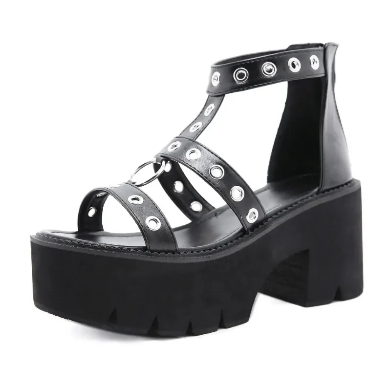 Retro Rivet Gothic Sandals Thick Heel Black Ring Hollow Ladies Comfortable Shoes Open Toe  Bottom Roman Style summer high heels