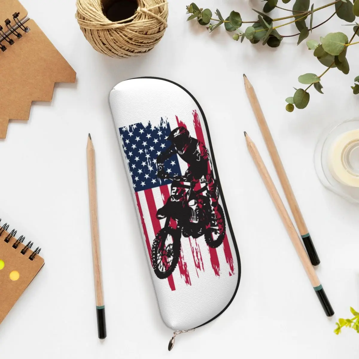 ダートバイクモトクロス米国アメリカ国旗鉛筆ケースペンホルダー収納文具用品大容量収納ペンボックス鉛筆バッグ
