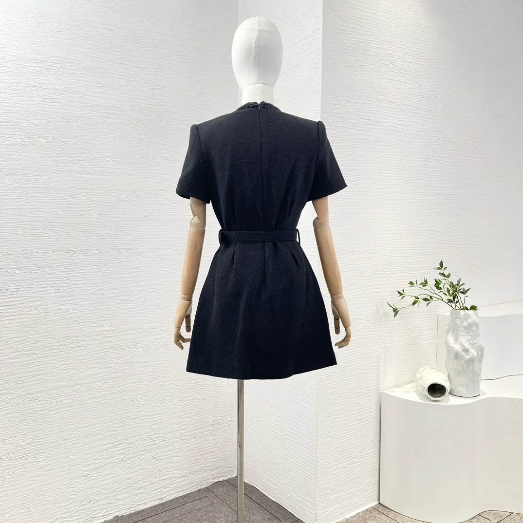 2024 New High Quality Classic Black Wool Square Neck Waisted Short Sleeve Belted Women Mini Dress