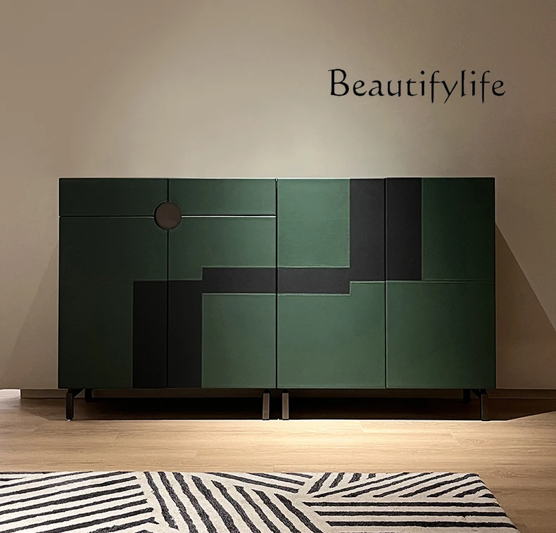 Italian-Style Light Luxury Sideboard Cabinet Modern Designer Entrance Cabinet Minimalist Saddle Leather Storage Cabinet