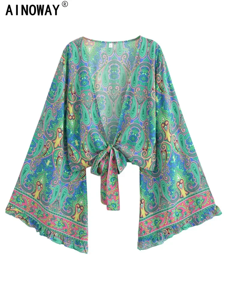 Vintage Donna Wild Floral Primavera 2025 Beach Estate Kimono corto Ruffles Maniche svasate Vacanza Bohemian Bikini Boho Cover-up