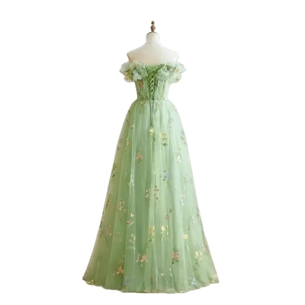 Elegant Embroidered Student Prom Dress Fairy Atmosphere Evening Gown round Neckline Elastic Waist Silk Fabric for Company Dinner