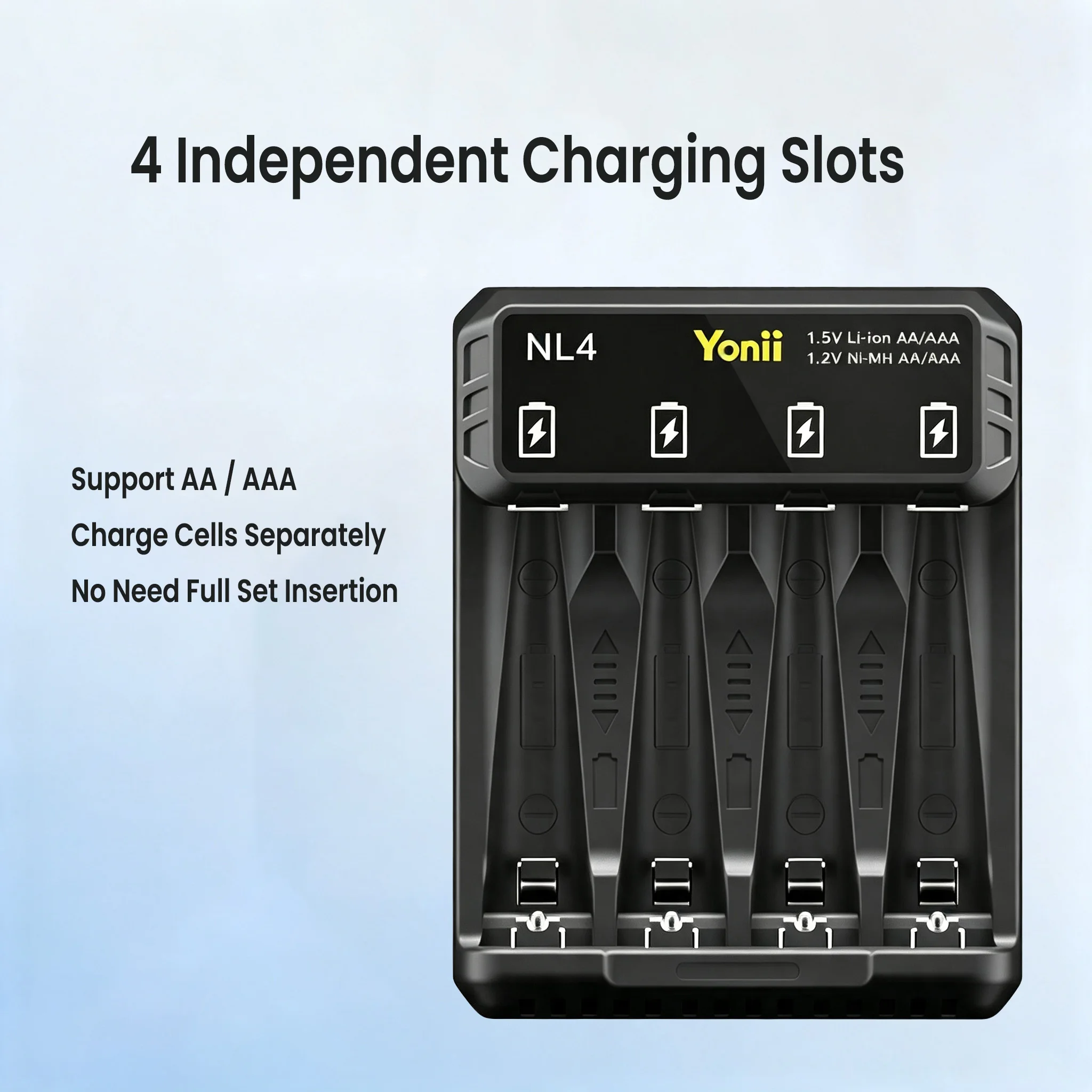 Yonii NL4 4-Slot Battery Charger Type-C Auto Detect 1.5V Li-ion &1.2V Ni-MH AA AAA Rechargeable Batteries Independent Slots