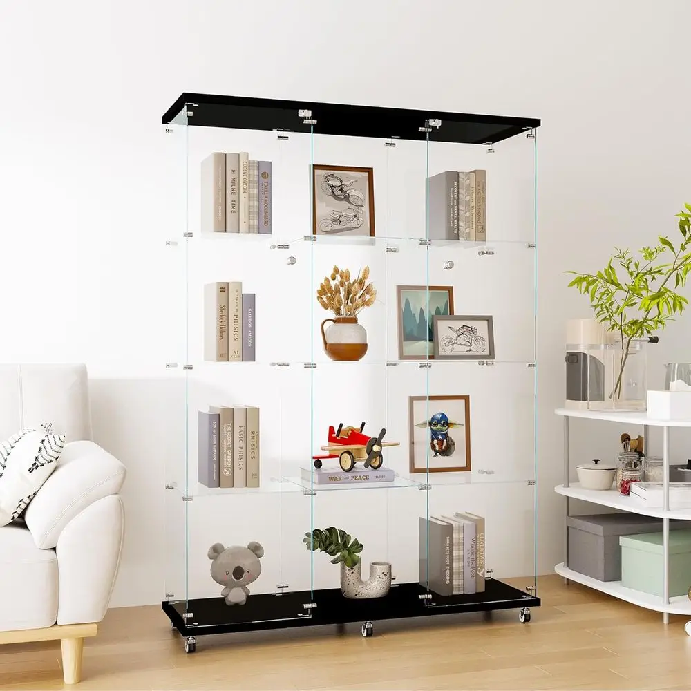 Extra Large 4-Tier Floor Standing Glass Display Cabinet with Doors and Lock, 66.14 Tall, Ideal for Books, Collectibles, and Trop
