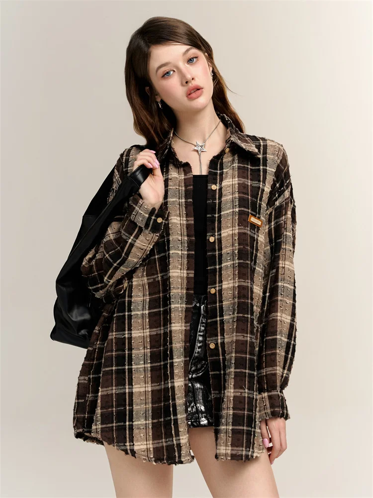 

Chill Zoe Long Sve Plaid irt Women's Faionable f Sugar Mocha Spring 2026 New Arrival Commute Sle Loose Fit irt