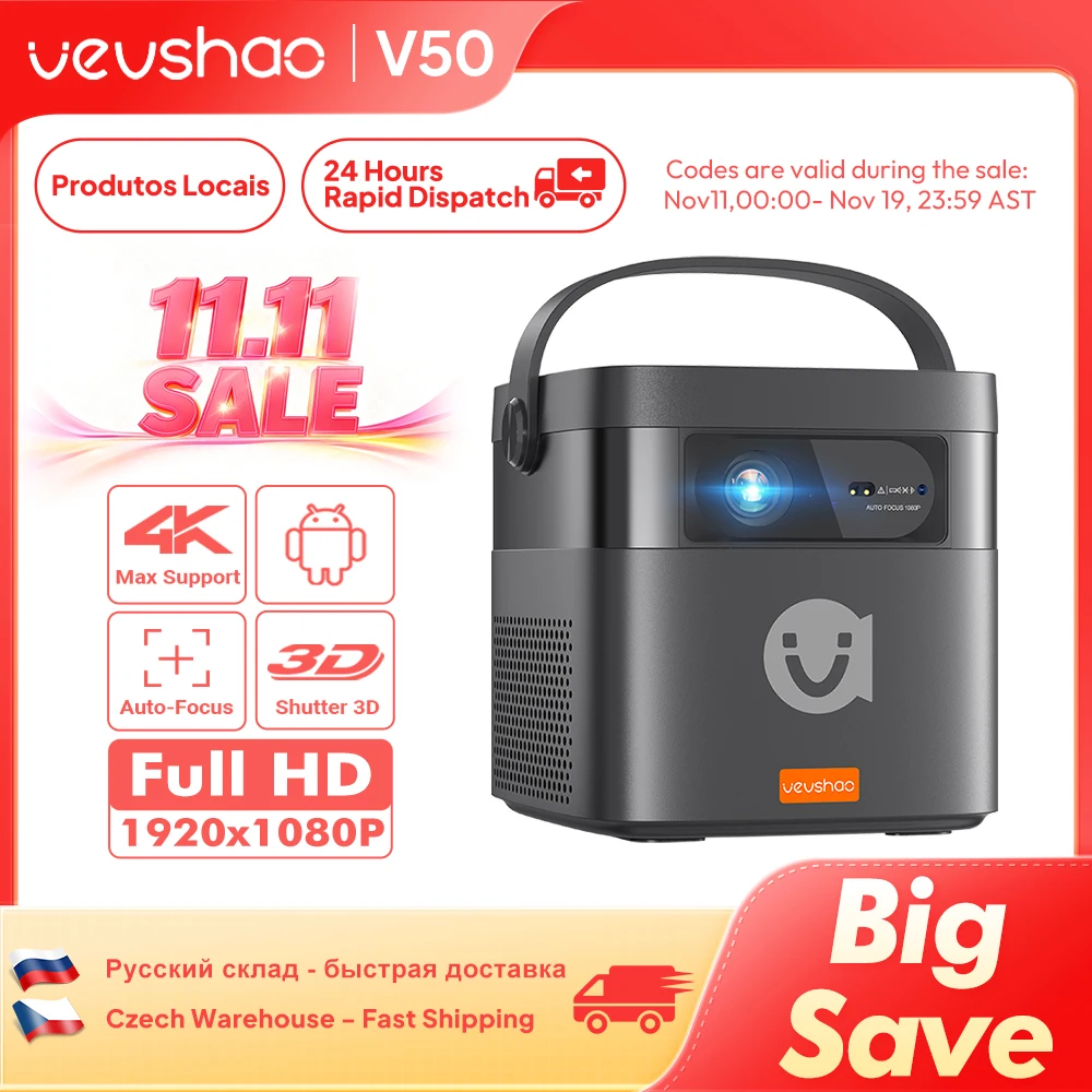 Vevshao V50 3D Portable Mini Projector 4K HD LED WiFi 1080P Movies Video DLP Home Theater Projectors With 15000mAh Battery
