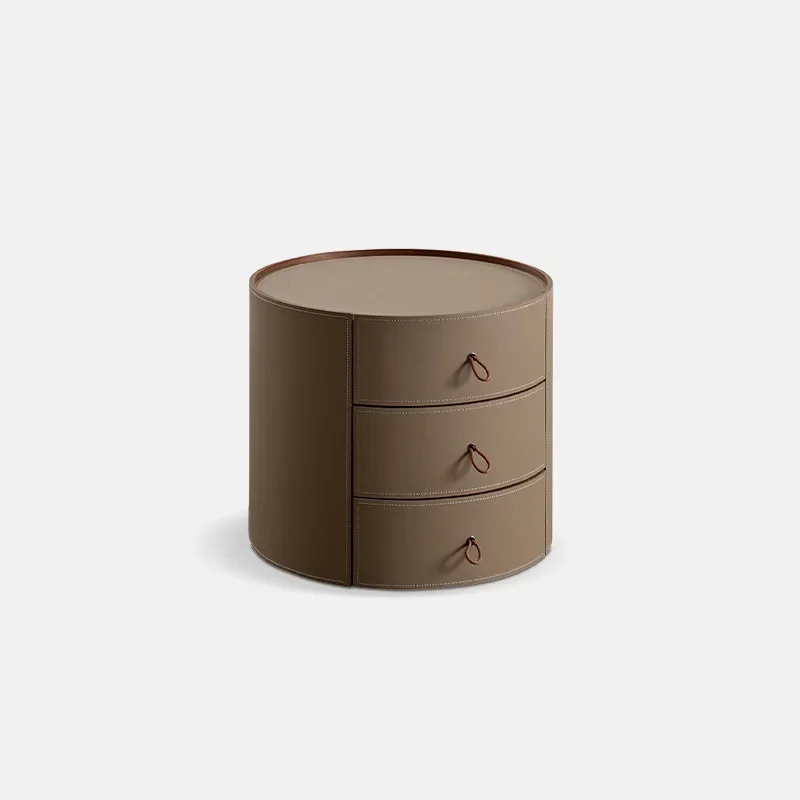 

Minimalist three-pump locker Italian light luxury fashion home solid wood bedside table saddle leather round