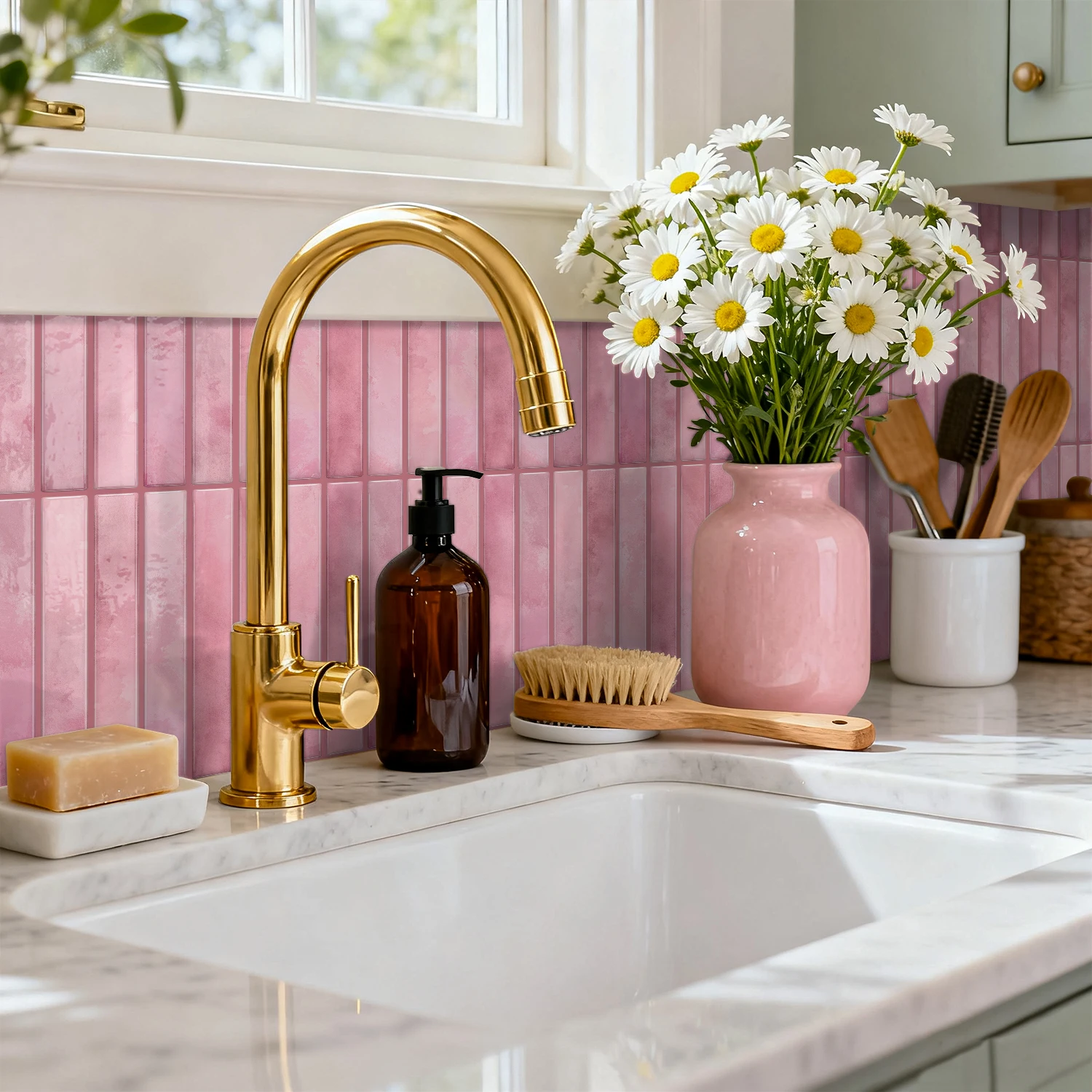 3D Gel Vinyl Pink Self-Adhesive Paper 4.72x9.68' Waterproof Peeling Kitchen Splash Proof Bathroom Decorative Tiles view 3