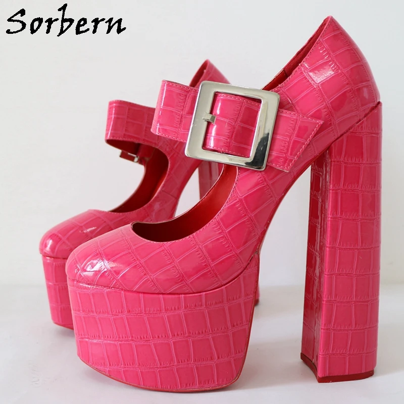 

Sorbern Fuchsia Crocodile Mary Jane Pump Shoes Women 20Cm Block High Heels Thick Platform Custom Unisex Footwear Crossdresser